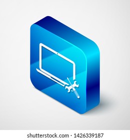 Isometric Laptop with screwdriver and wrench icon isolated on white background. Adjusting, service, setting, maintenance, repair, fixing. Blue square button. Vector Illustration