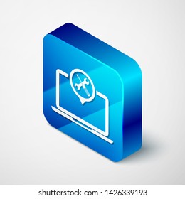 Isometric Laptop with screwdriver and wrench icon isolated on white background. Adjusting, service, setting, maintenance, repair, fixing. Blue square button. Vector Illustration
