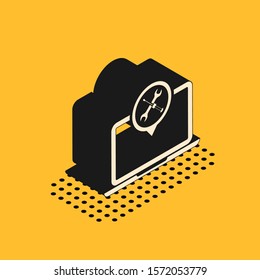 Isometric Laptop with screwdriver and wrench icon isolated on yellow background. Adjusting, service, setting, maintenance, repair, fixing.  Vector Illustration