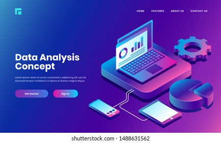 Isometric laptop server connected with smartphone, tablet and infographic pie chart for Data Analysis and Management website poster or landing page design.