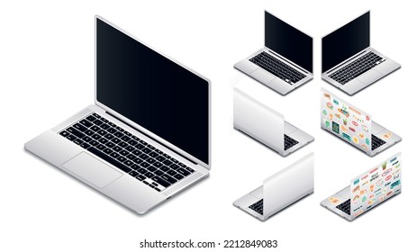 Equipo de portátil isométrico. Colección de gadgets y dispositivos. Tecnologías modernas y mundo digital. Afiche publicitario o banner para el sitio web. Ilustraciones vectoriales 3D realistas aisladas en fondo blanco