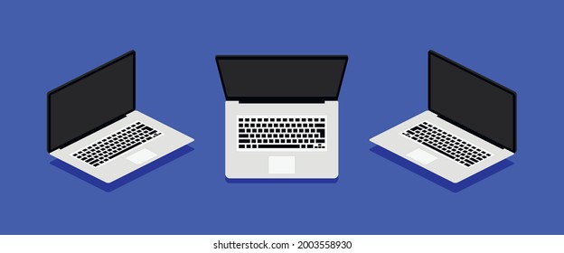 Isometric laptop set. Vector illustration. Opened laptops from different sides metallic colored isolated on blue background.