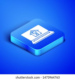 Isometric Laptop with smart house and light bulb icon isolated on blue background. Blue square button. Vector Illustration
