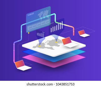 Isometric laptop. Smart object and smart technology design with different object and icons. 3d vector illustration.