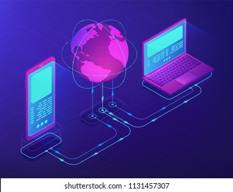 Isometric laptop and smartphone connectected with globe. Cloud operation, storage and communication technology. Big data and synchronization concept 3D isometric illustration on ultraviolet background