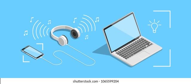 isometric laptop, smartphone and headphones