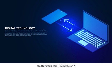 Isometric laptop and smartphone for wireless data transfer concept on dark blue background. Vector illustration.