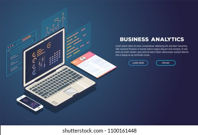 Isometric laptop with software for business analytic. Web pages and window with chart and financial report. Modern trendy gradient and isometric vector illustration.