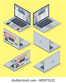 Isometric laptop with stickers / vector illustration isolated all sides