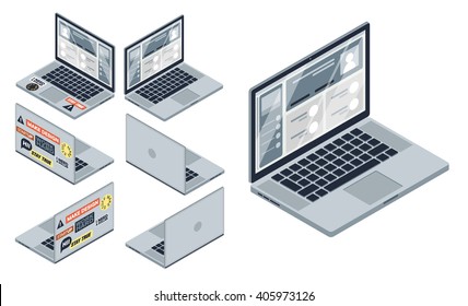 Isometric Laptop With Stickers  Vector Illustration Isolated All The Sides