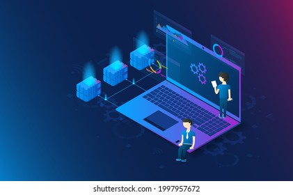 Isometric laptop with technician fix system on icon background. Futuristic concept.vector and illustration