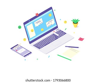 Isometric laptop technology concept smartphone internet social media chat communication icon flat vector illustration. 3d network design web icons smartphones messages isolated on white background