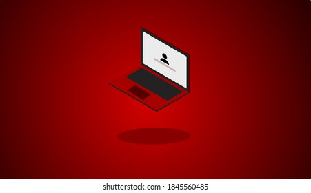 isometric laptop vector with login icon, isolated in red color