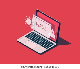Isometric laptop with virus alert.