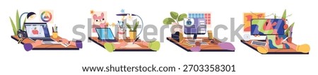 Isometric laptop workplace. Hands work on computer desk, creative drawing ai prompt engineer or girly study table with coffee screen keyboard, freelancer classy vector illustration