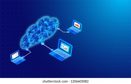 Isometric laptops connected with cloud server on shiny blue background for cloud storage or data sharing concept.