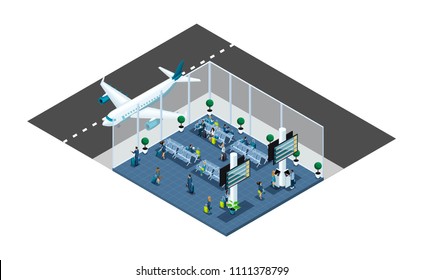 Isometric is a large airport hall, waiting room, a transaction area, passengers are waiting for boarding with a luggage, business trip, window aircraft