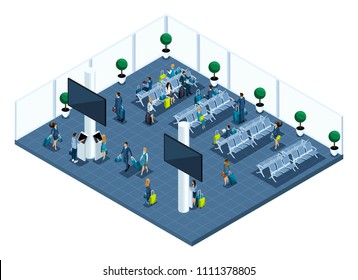 Isometric of a large airport hall, waiting room, a transaction zone, landlings waiting for landing on a plane with a god, business trip