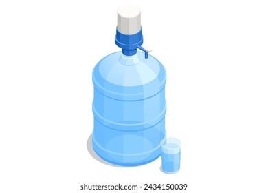 Isometric large bottle of water with the pump isolated on a white background. Big plastic water bottle