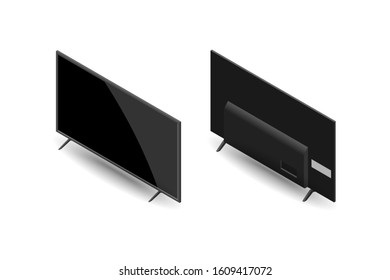 Isometric large flat screen Qled, led, lcd, plasma TV. Black HD realistic monitor mockup vector illustration.