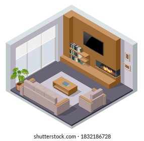 Isometric large luxury modern bright interiors room, fireplace and tv. Modern living room interior of real home isolated on white