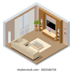 Isometric large luxury modern bright interiors room. Modern living room interior of real home isolated on white