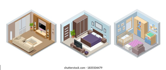 Isometric large luxury modern bright interiors living room, children's room, bedroom. Modern interior of real home isolated on white