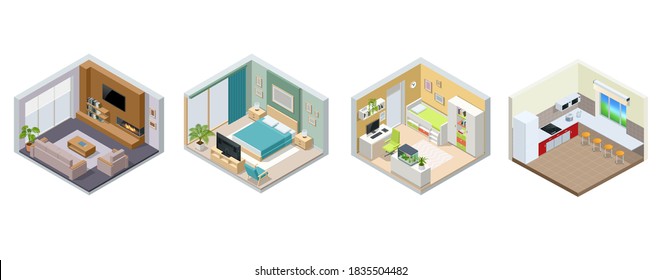 Isometric large luxury modern bright interiors living room, teen room, bedroom, kitchen. Modern interior of real home isolated on white