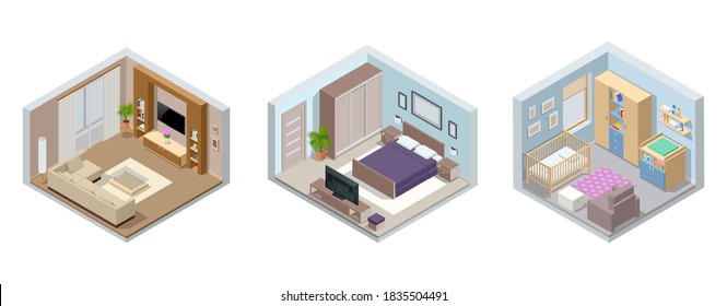 Isometric large luxury modern bright interiors living room, children's room, bedroom. Modern interior of real home isolated on white