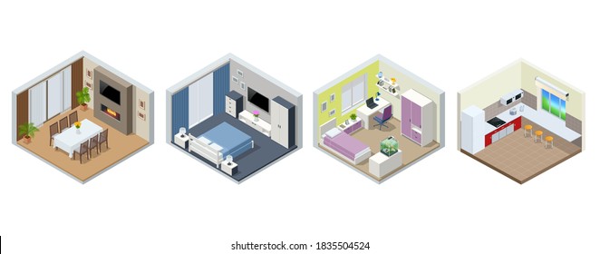 Isometric large luxury modern bright interiors teen room or children's room, bedroom, living dining room, kitchen. Modern interior of real home isolated on white