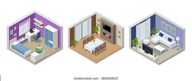 Isometric large luxury modern bright interiors living dining room, teen room, bedroom. Modern interior of real home isolated on white