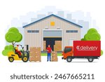 Isometric Large modern warehouse with forklifts and truck. Warehouse, shipment of goods carried out with a forklift