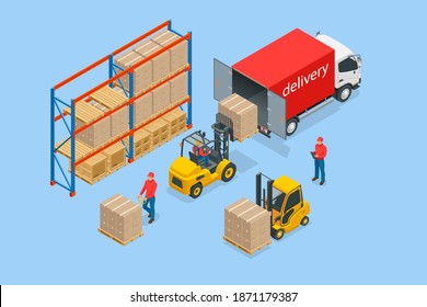 Isometric large modern warehouse with forklifts and truck. Warehouse Storage and Distribution. Ready template for web site or landing page of your company. Storage flat isolated vector illustration.