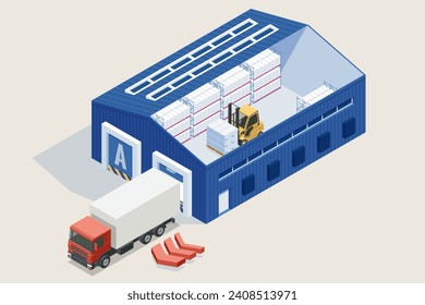Isometric large modern warehouse with forklifts and truck. Delivery company. Delivery home and office. City logistics.