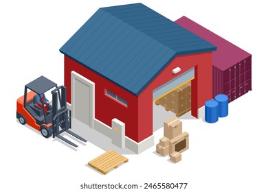 Isometric large modern warehouse with forklifts and truck. Warehouse, shipment of goods carried out with a forklift. Smart warehouse management system. Automatic logistics management.