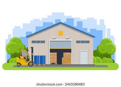 Isometric large modern warehouse with forklifts and truck. Warehouse, shipment of goods carried out with a forklift. Smart warehouse management system. Automatic logistics management.