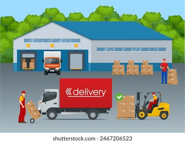 Isometric Large modern warehouse with forklifts and truck. Warehouse, shipment of goods carried out with a forklift. Loading goods with forklifts into a truck, male loader transports boxes