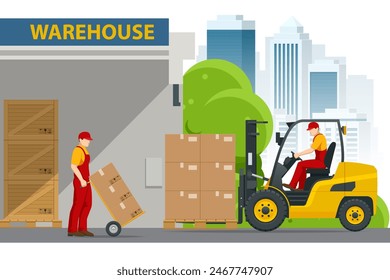 Isometric Large modern warehouse with forklifts. Warehouse workers and equipment. Busy delivery man pushing hand truck stacked with delivery packages