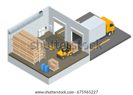 Isometric large modern warehouse with forklifts and truck.  Storage flat isolated vector illustration.