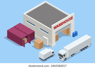 Isometric large modern warehouse with truck. Logistics, Warehouse, Freight, Cargo Transportation. Storage of goods. Storage, pick, pack and dispatch.