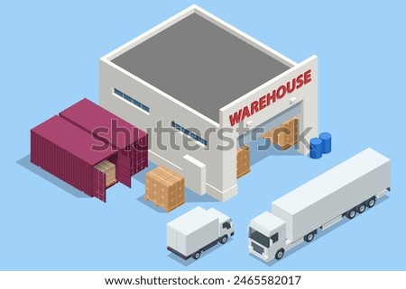 Isometric large modern warehouse with truck. Logistics, Warehouse, Freight, Cargo Transportation. Storage of goods. Storage, pick, pack and dispatch.