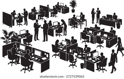 Plan de piso de oficina Grande isométrico con empleados ocupados. Corporativa espacio de trabajo de Plan abierto con escritorios, computadoras y personas trabajando. Ilustración de silueta de Vector.
