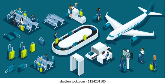 Isometric large set with airport symbols, Airplane passengers of the international airport, business ladies and businessmen business trip, passengers with luggage.