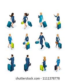 Isometric large Set of businessmen and business lady on a business trip, with luggage at the airport, front view and back view. Traveling businessmen