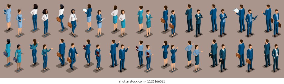 Isometric large set of businessmen and business woman, front view and rear view, vintage background vector illustration