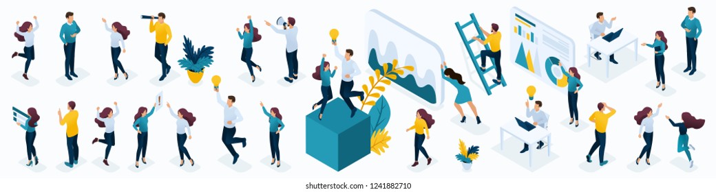 Isometric large set of businessmen, young entrepreneurs, managers, head hunters, agents, HR. A set of characters for workflow.