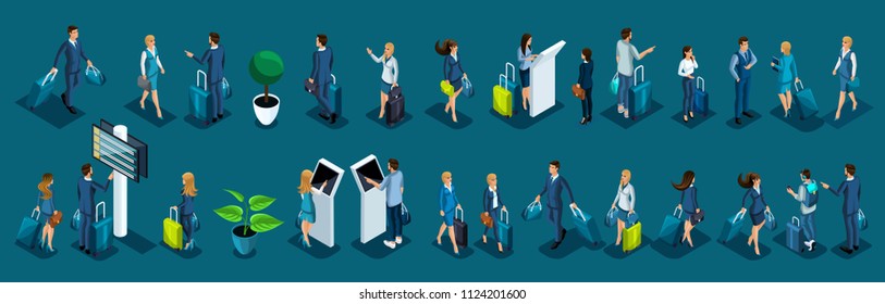 Isometric large set of international airport passengers, business ladies and businessmen on a business trip, passengers with luggage.