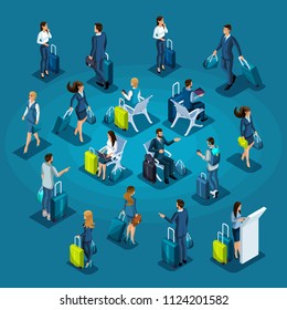 Isometric large set of passengers for illustrations, international airport, business ladies and businessmen with luggage view front and back.