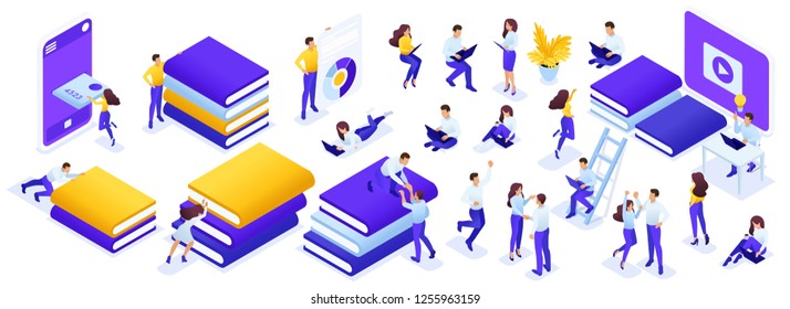 Isometric a large set of people and books to create their own illustration on the topic of learning. Easy to use and edit.