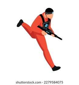 Jugador de etiqueta láser isométrico con arma durante la ilustración vectorial 3d del juego